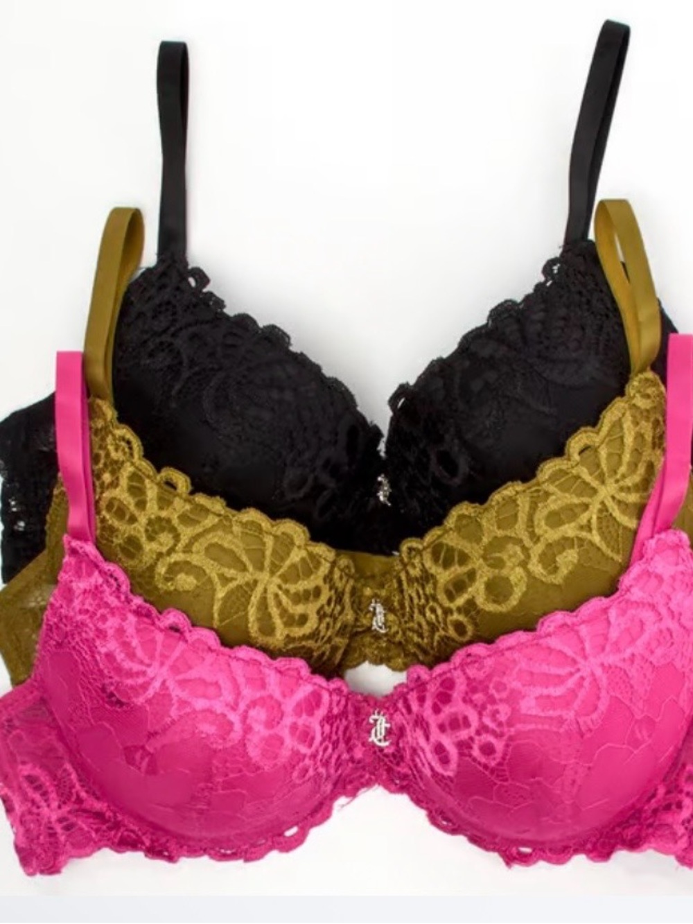 NWT Juicy Couture 3-Pack Lace Underwire Bra - Black, Olive Brown & Hot Pink 38 C